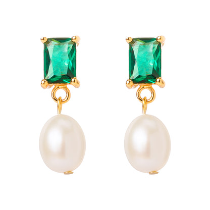 Simple Pearl and Green Zircon Earrings