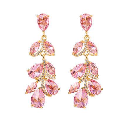 Peach Pink Leaves Tassel Waterdrop Zircon Earring