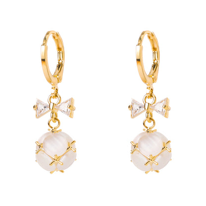 Bowknot Zircon Earrings (3D Ball Cat's Eye Stone)