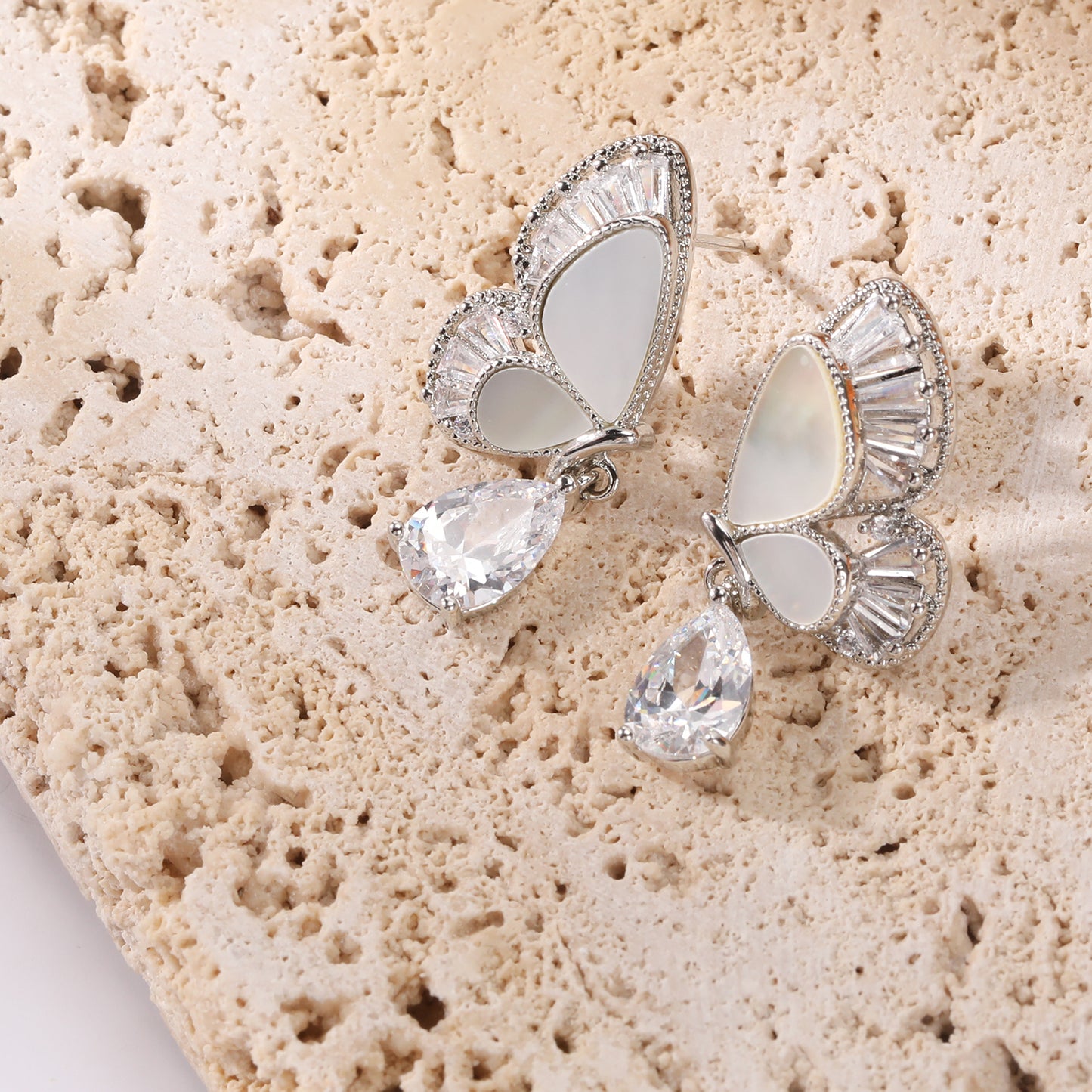 Natural Mother-of-Pearl Zircon Inlaid Butterfly Earrings with Waterdrop-shaped Wings