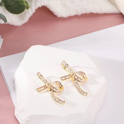 Square Zircon Inlaid Earrings, Bowknot Ear Clips