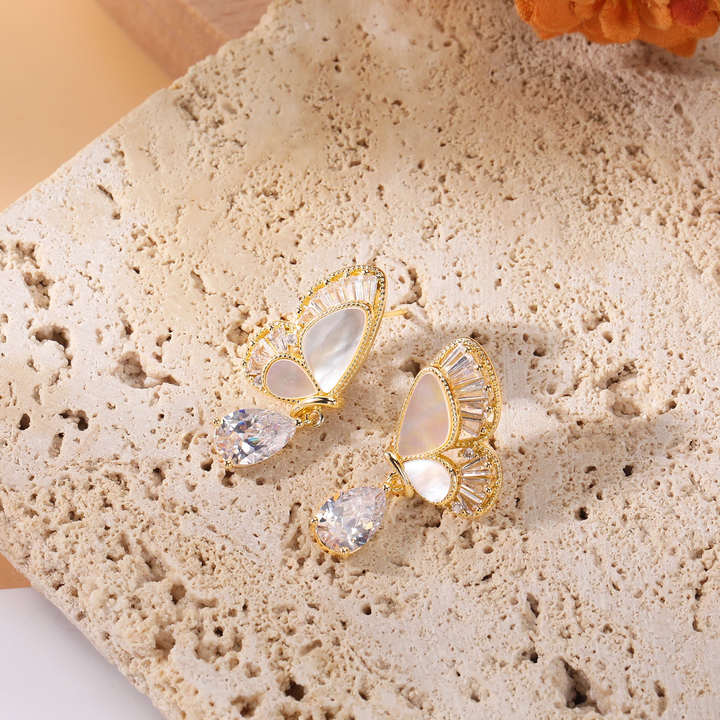 Natural Mother-of-Pearl Zircon Inlaid Butterfly Earrings with Waterdrop-shaped Wings