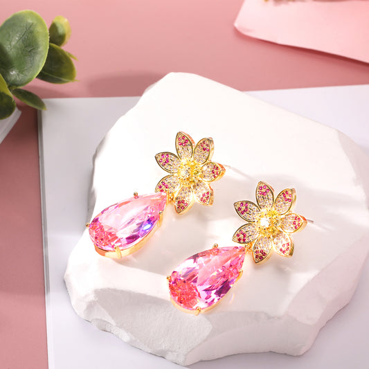 Peach Pink Flower Waterdrop Zircon Earring