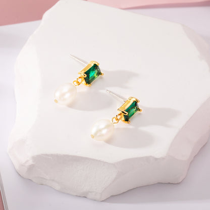 Simple Pearl and Green Zircon Earrings