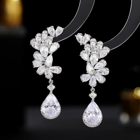 Statement Zircon Inlaid Silver Needle Petal Waterdrop Earrings