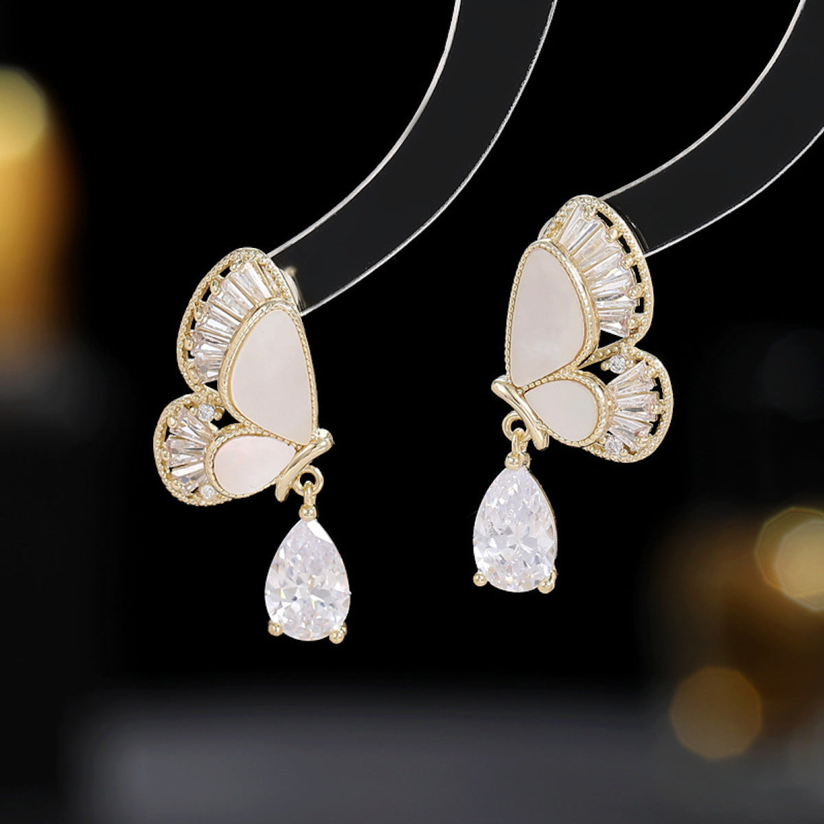 Natural Mother-of-Pearl Zircon Inlaid Butterfly Earrings with Waterdrop-shaped Wings