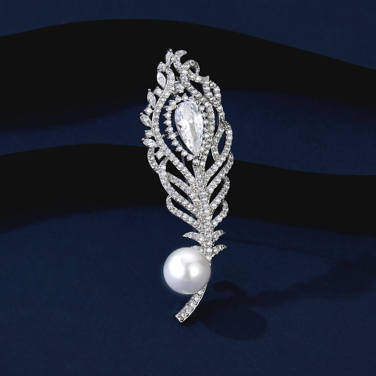 High-grade Pearl Zircon Feather Brooch