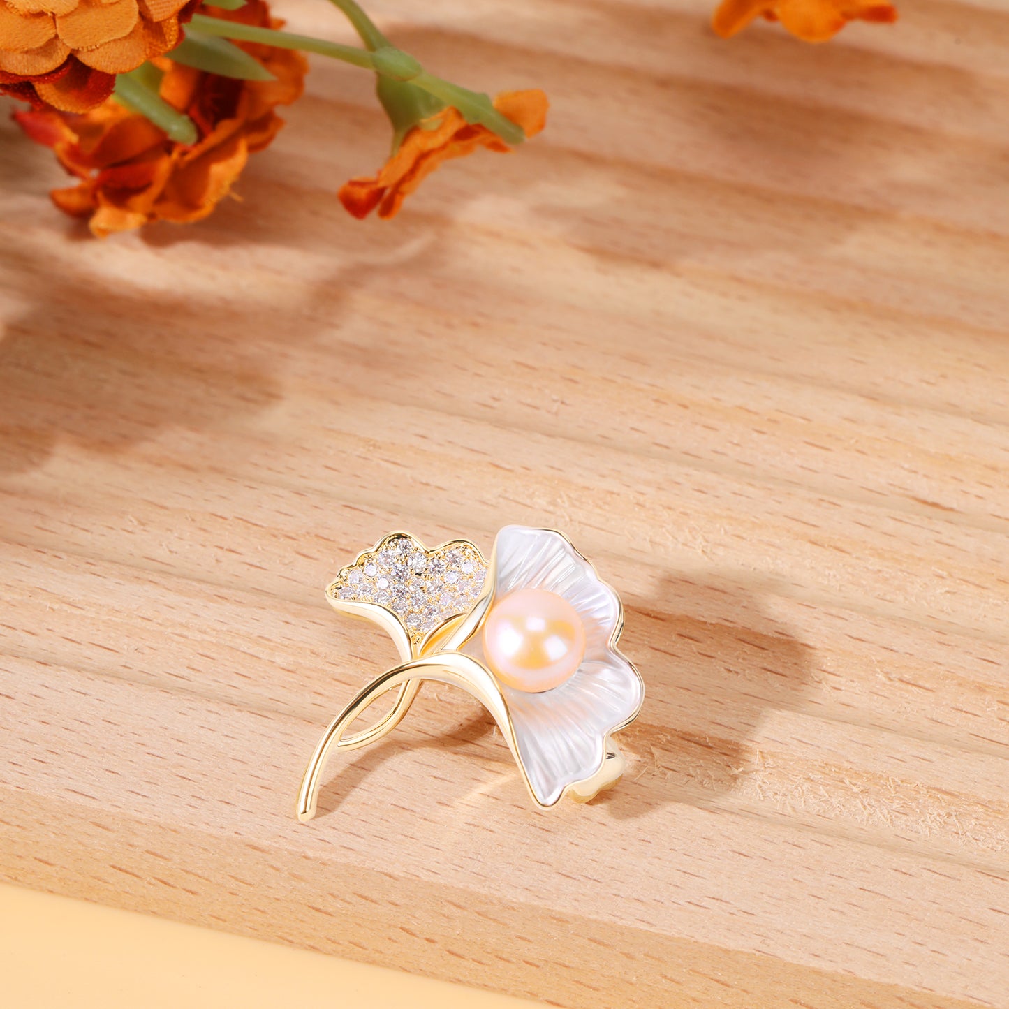 Elegant and Graceful Pearl Ginkgo Leaf Brooch