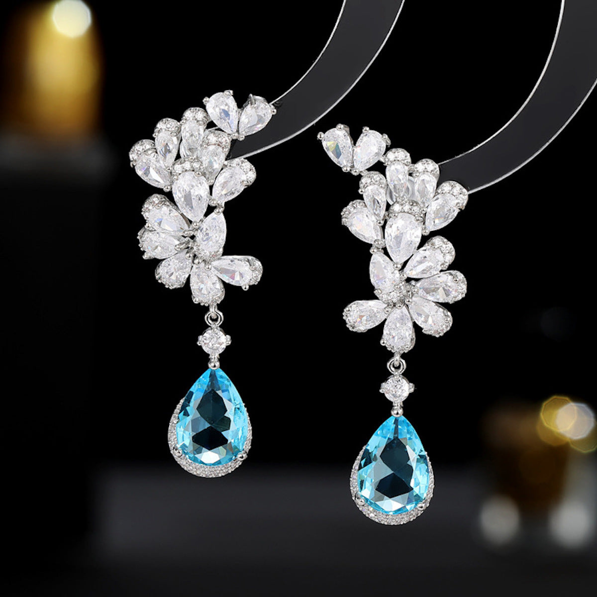 Statement Zircon Inlaid Silver Needle Petal Waterdrop Earrings