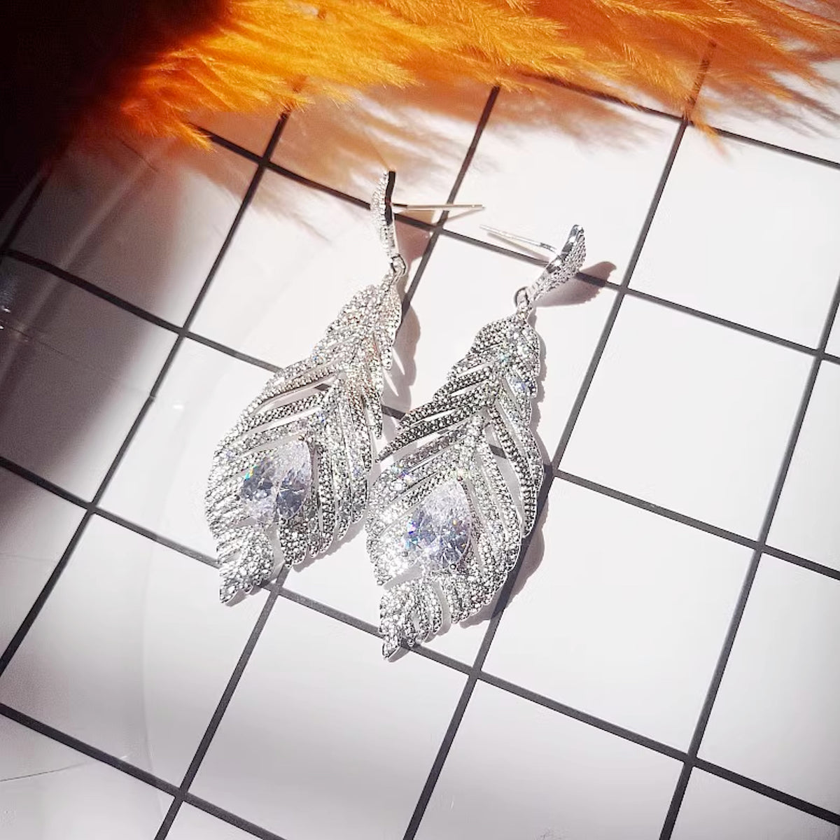 Elegant and Graceful Zircon Inlaid Long Leaf Feather Earrings