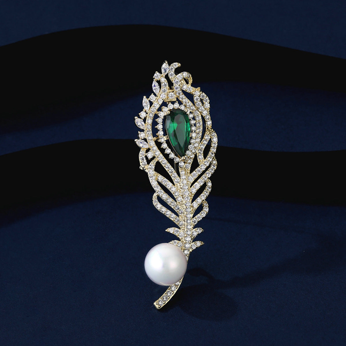 High-grade Pearl Zircon Feather Brooch