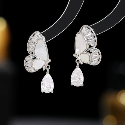 Natural Mother-of-Pearl Zircon Inlaid Butterfly Earrings with Waterdrop-shaped Wings