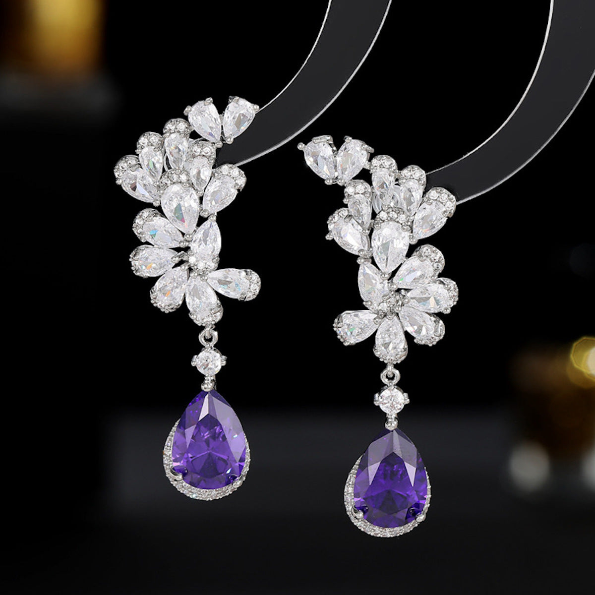 Statement Zircon Inlaid Silver Needle Petal Waterdrop Earrings