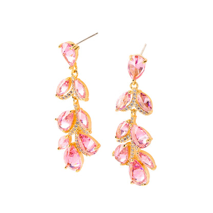 Peach Pink Leaves Tassel Waterdrop Zircon Earring