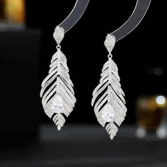 Elegant and Graceful Zircon Inlaid Long Leaf Feather Earrings