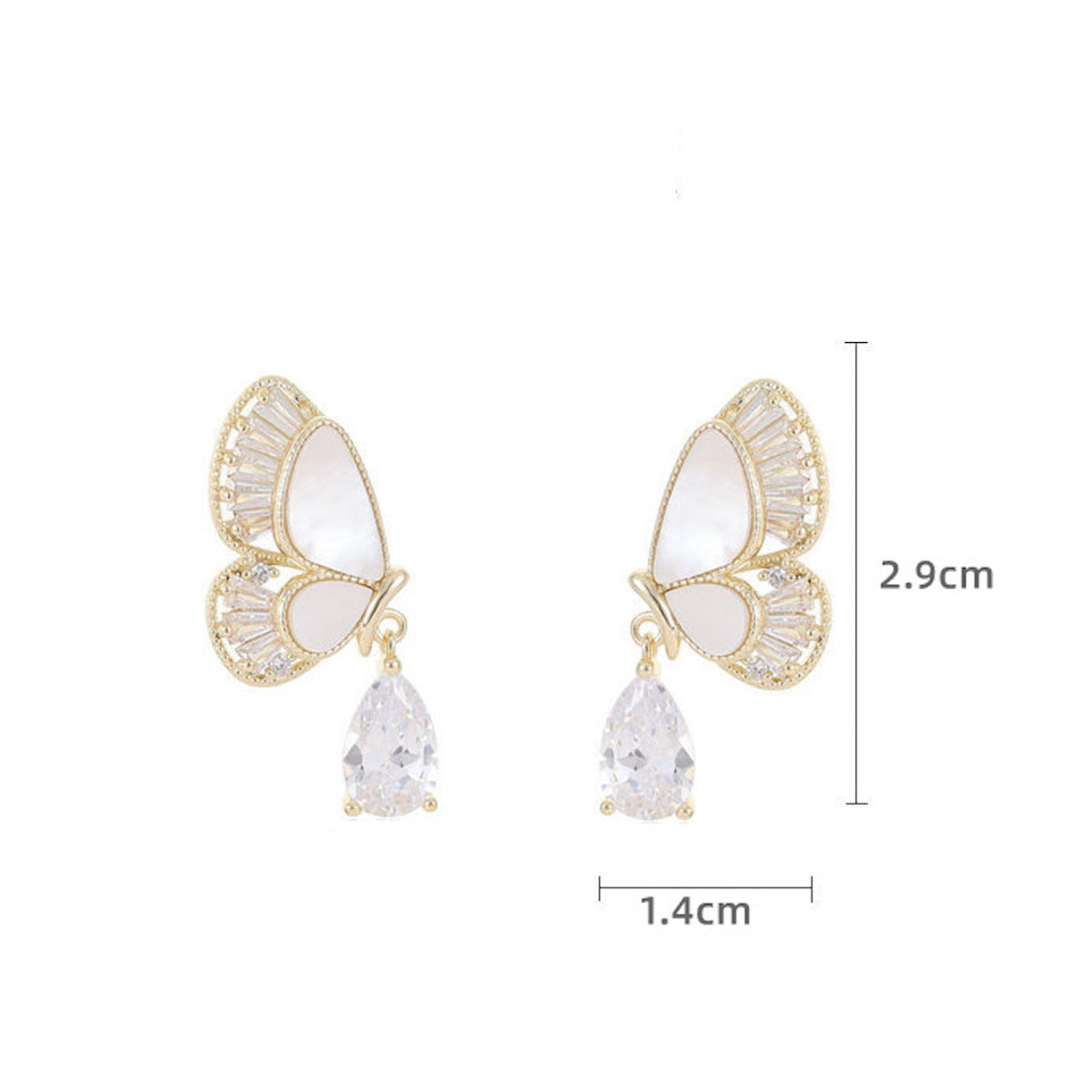 Natural Mother-of-Pearl Zircon Inlaid Butterfly Earrings with Waterdrop-shaped Wings