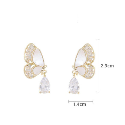 Natural Mother-of-Pearl Zircon Inlaid Butterfly Earrings with Waterdrop-shaped Wings