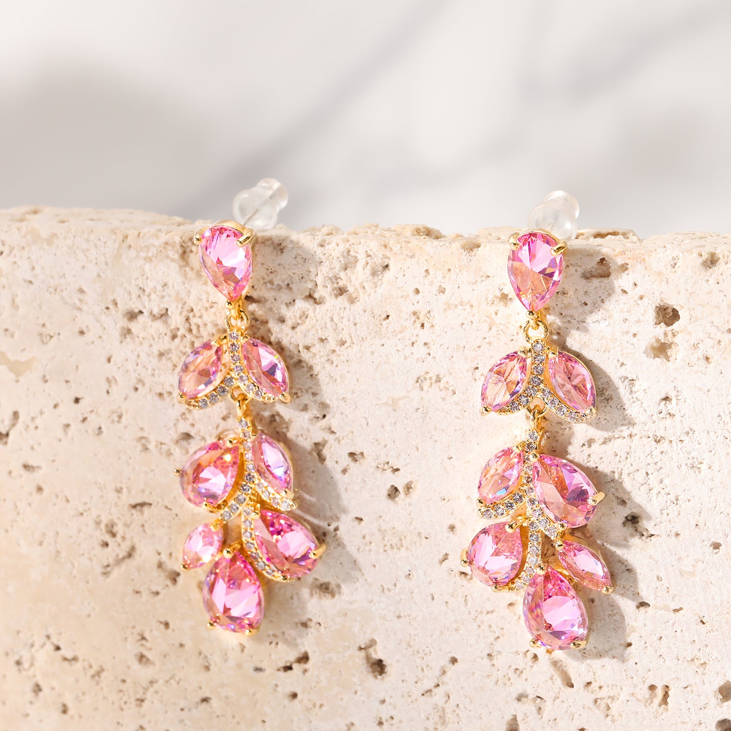 Peach Pink Leaves Tassel Waterdrop Zircon Earring