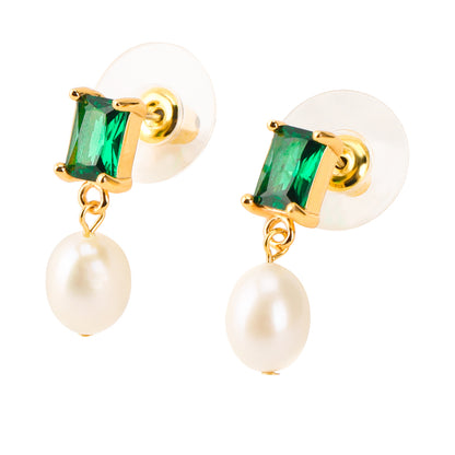 Simple Pearl and Green Zircon Earrings