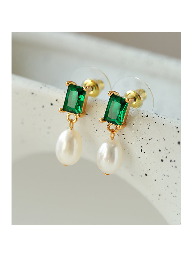 Simple Pearl and Green Zircon Earrings